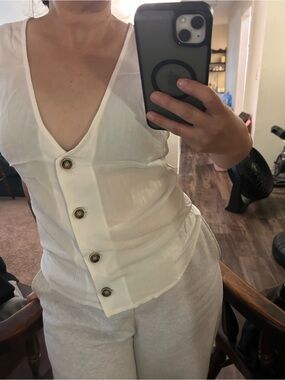 White Button-Front Sleeveless V-Neck Top